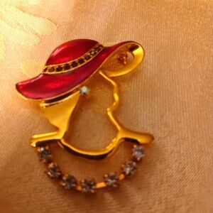 Vintage Enamel Red Hat Lady Brooch